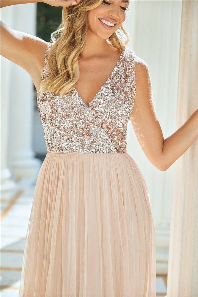 Valeria Blush Sequin V Neck Maxi Dress-3