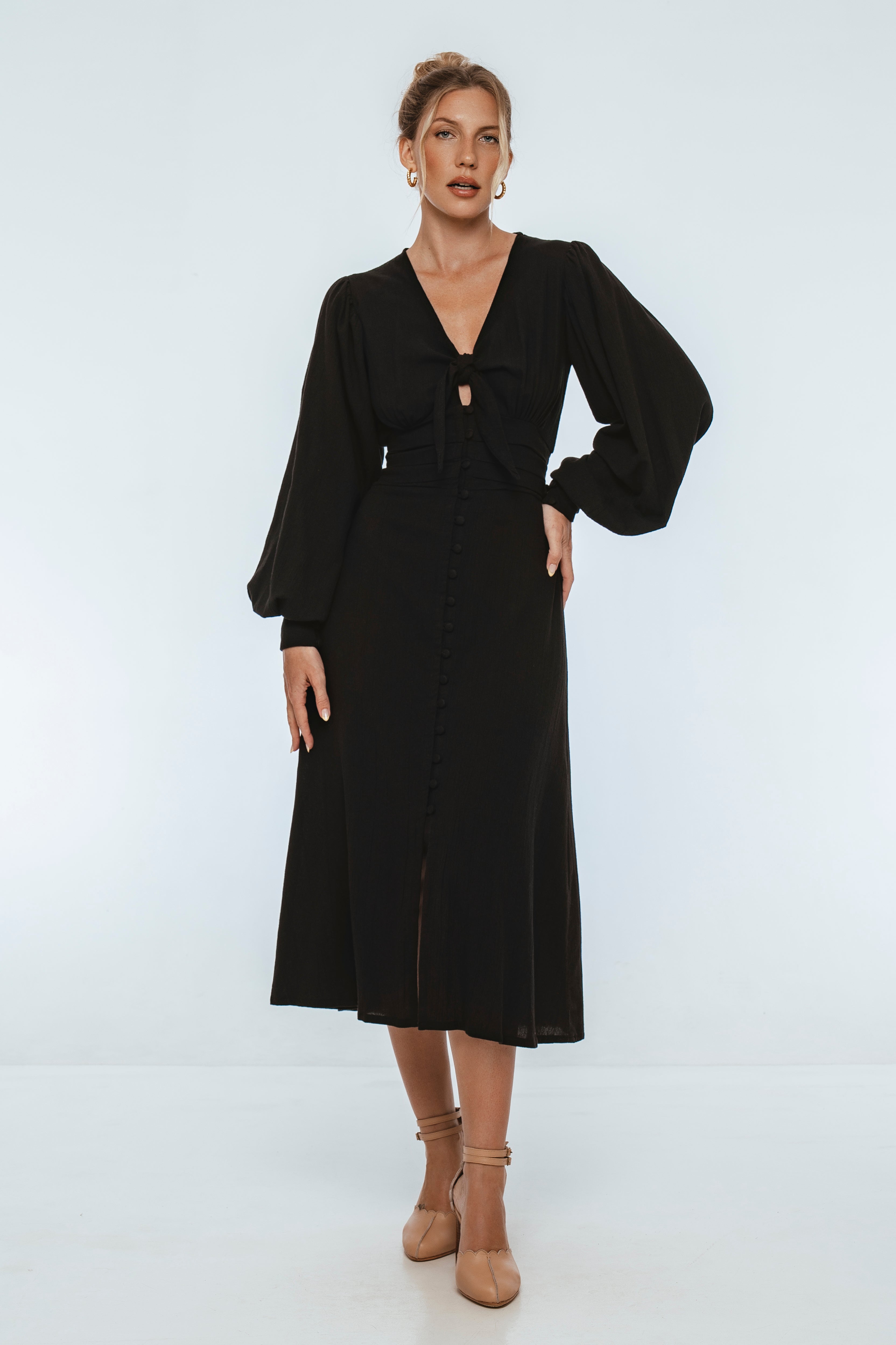 Velvet Sky Long Sleeve Linen Midi Dress-5