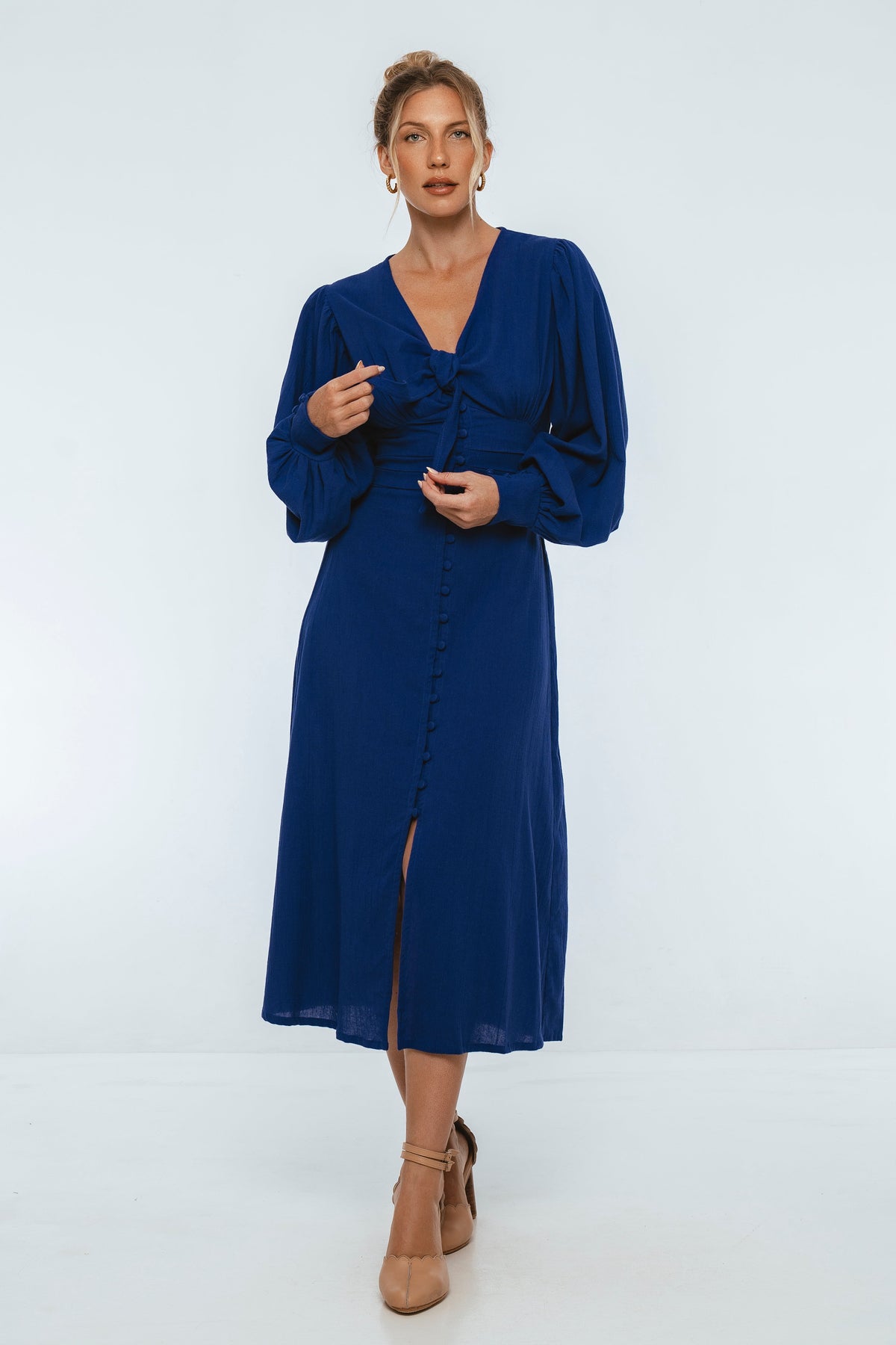 Velvet Sky Long Sleeve Linen Midi Dress-1