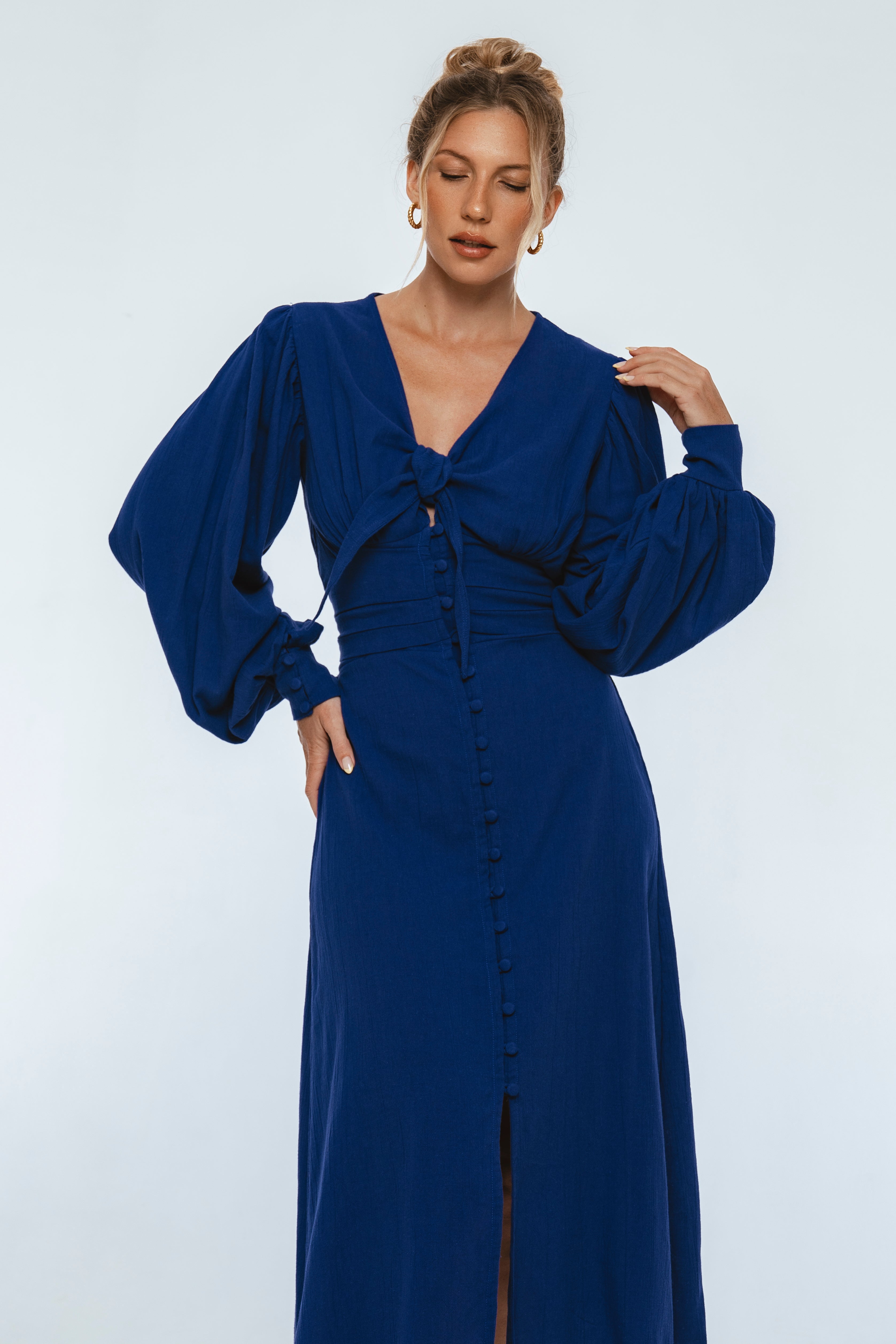 Velvet Sky Long Sleeve Linen Midi Dress-3