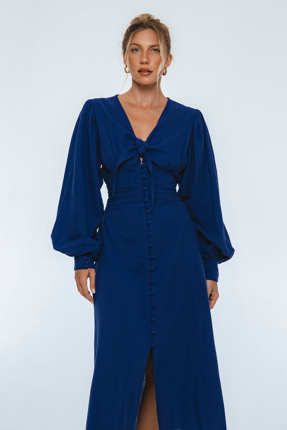 Velvet Sky Long Sleeve Linen Midi Dress-4