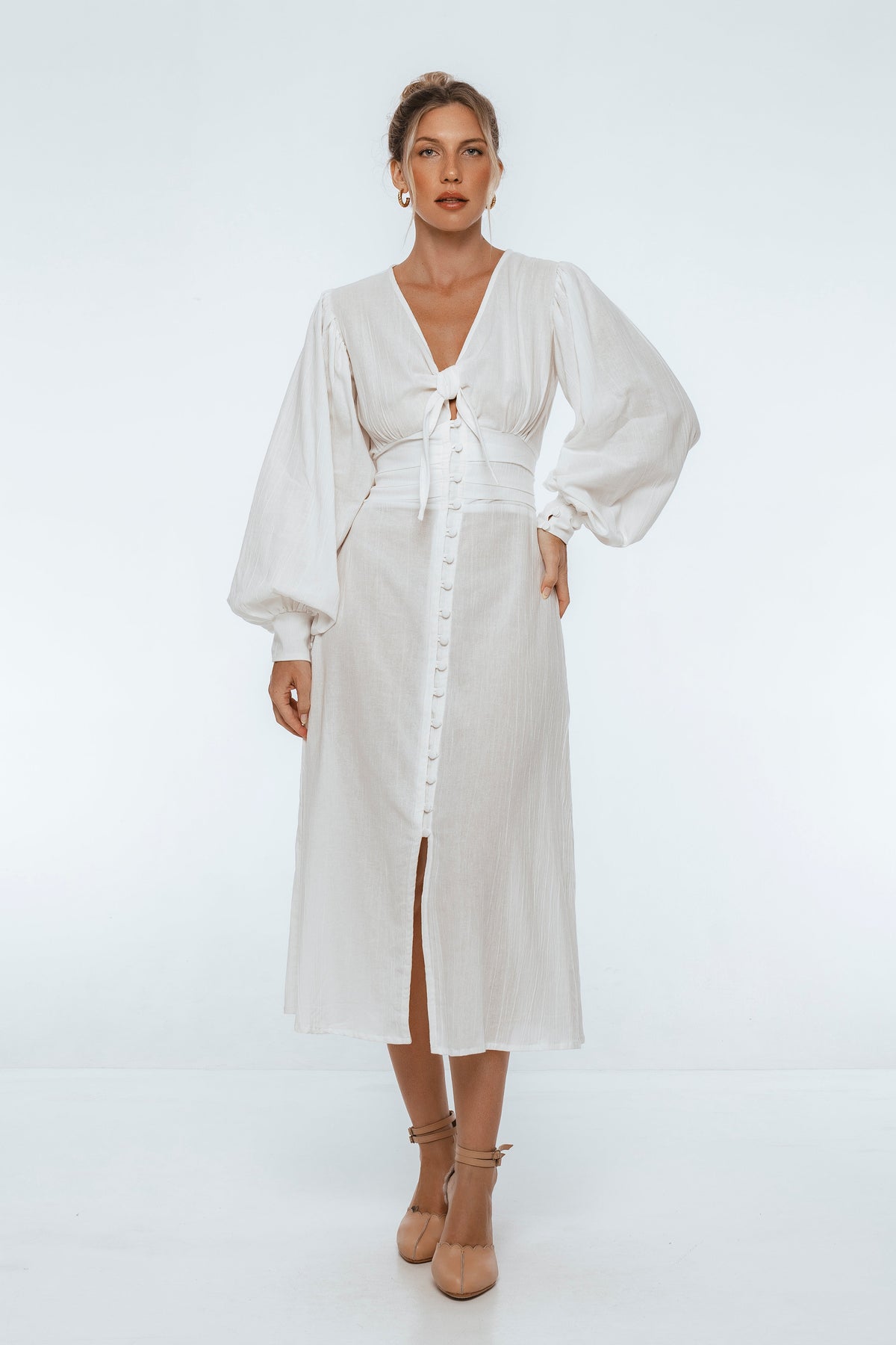 Velvet Sky Long Sleeve Linen Midi Dress-6