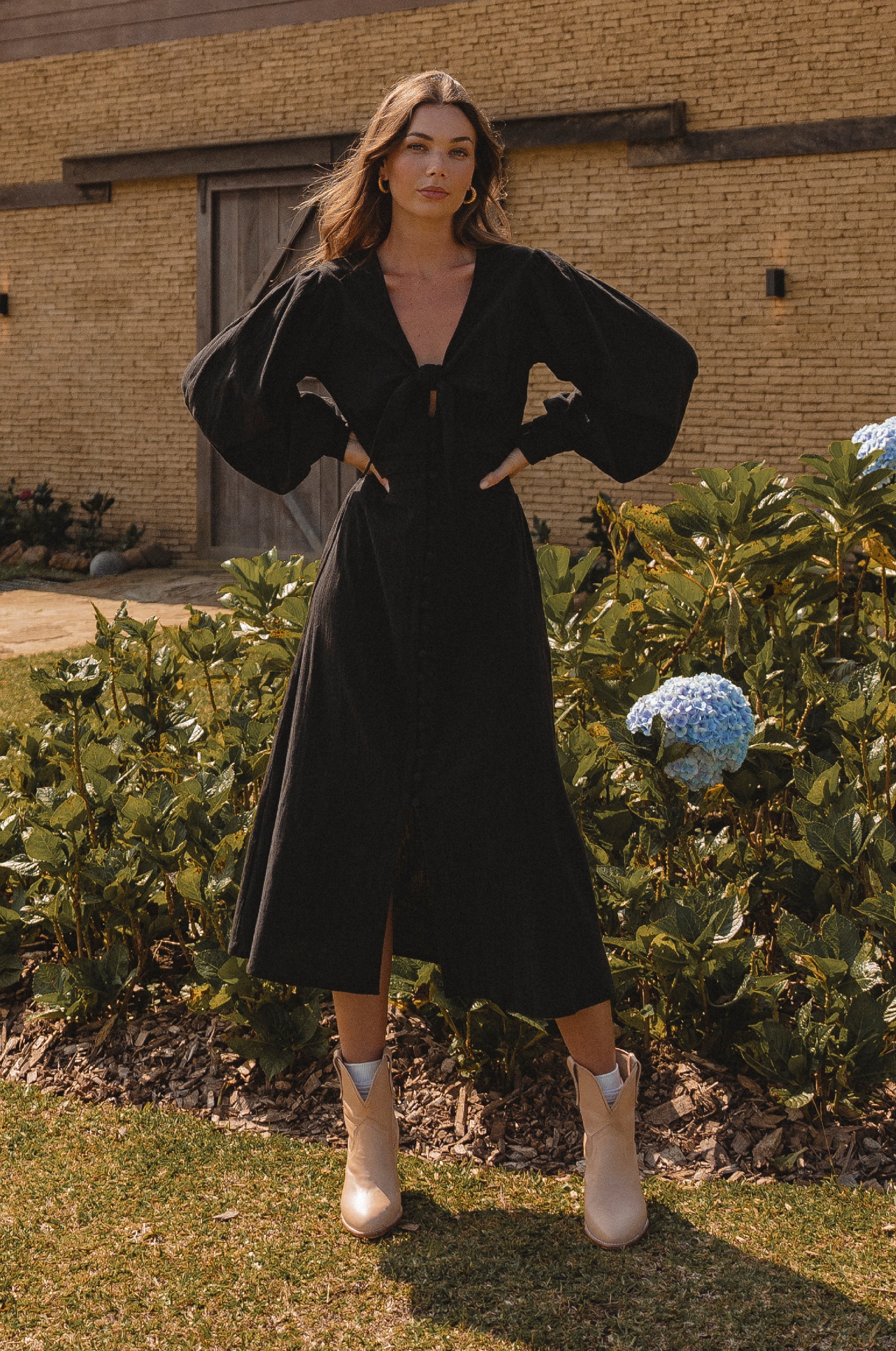 Velvet Sky Long Sleeve Linen Midi Dress-0