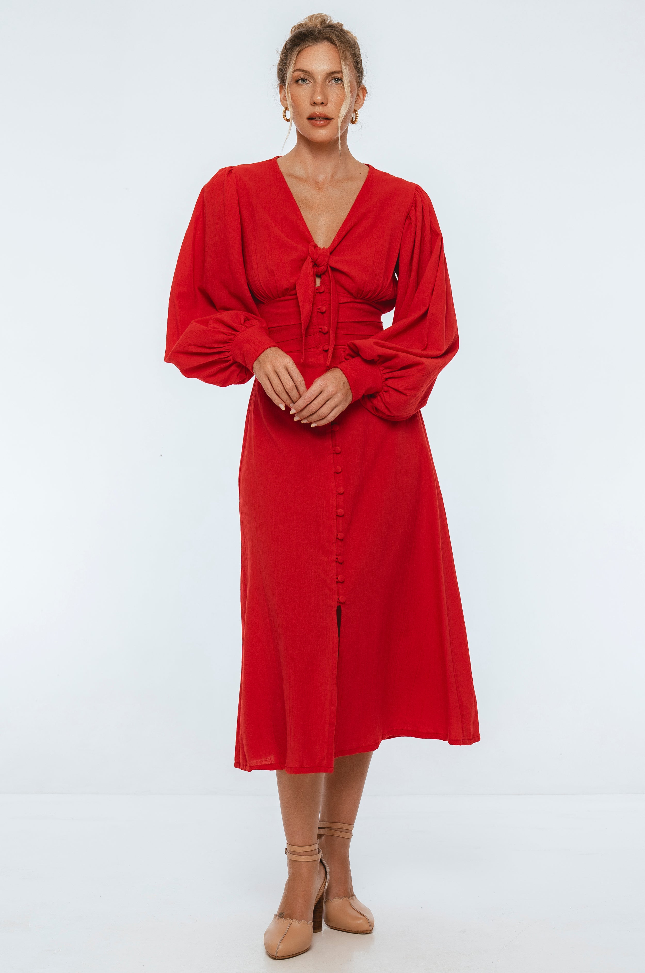 Velvet Sky Long Sleeve Linen Midi Dress-1