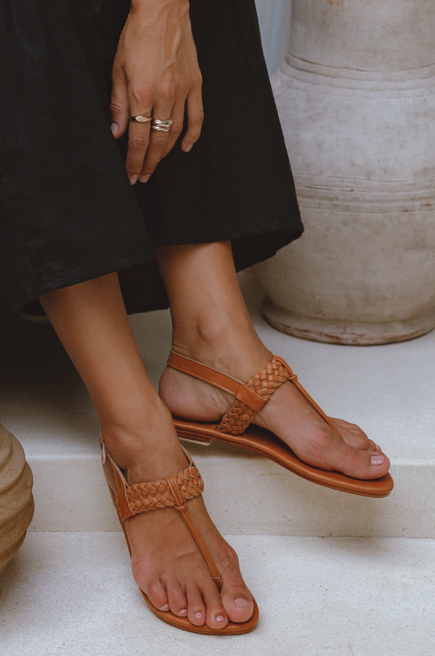 Venetian Braided T-Strap Leather Sandals-0