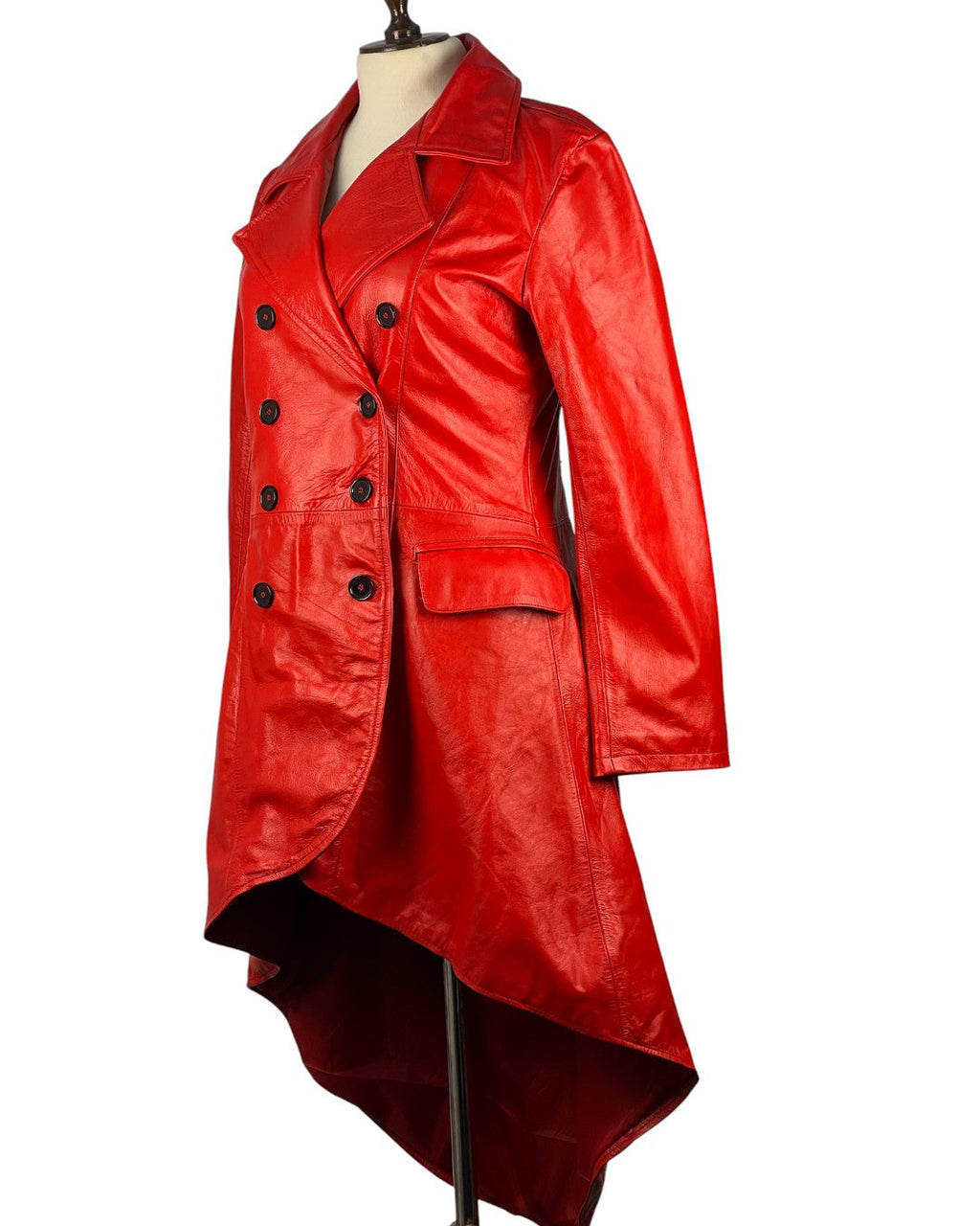 Women's Double-Breasted Red Leather Military Coat-1