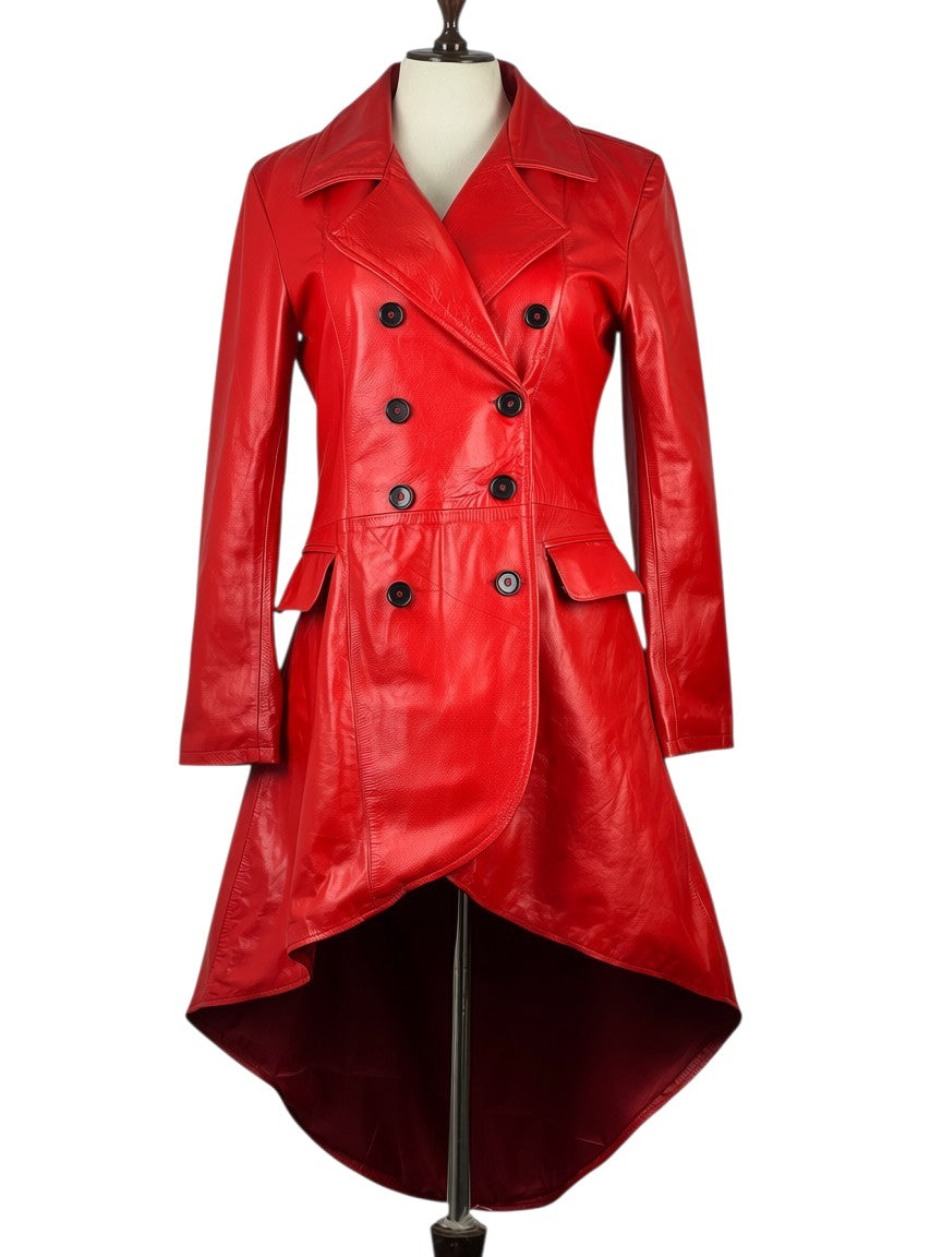 Women's Double-Breasted Red Leather Military Coat-0