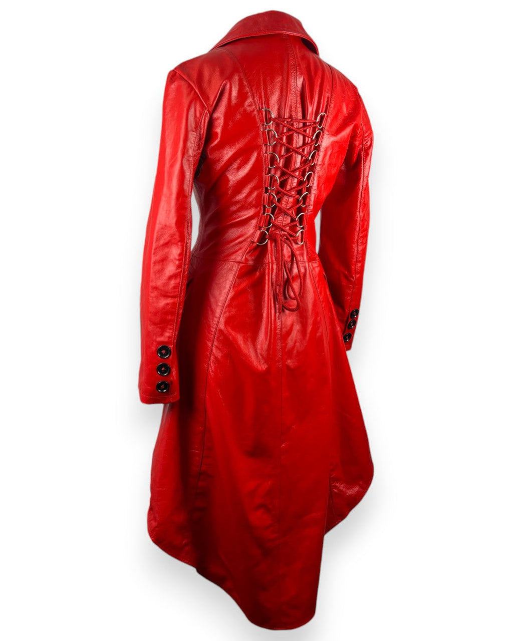 Women's Double-Breasted Red Leather Military Coat-3