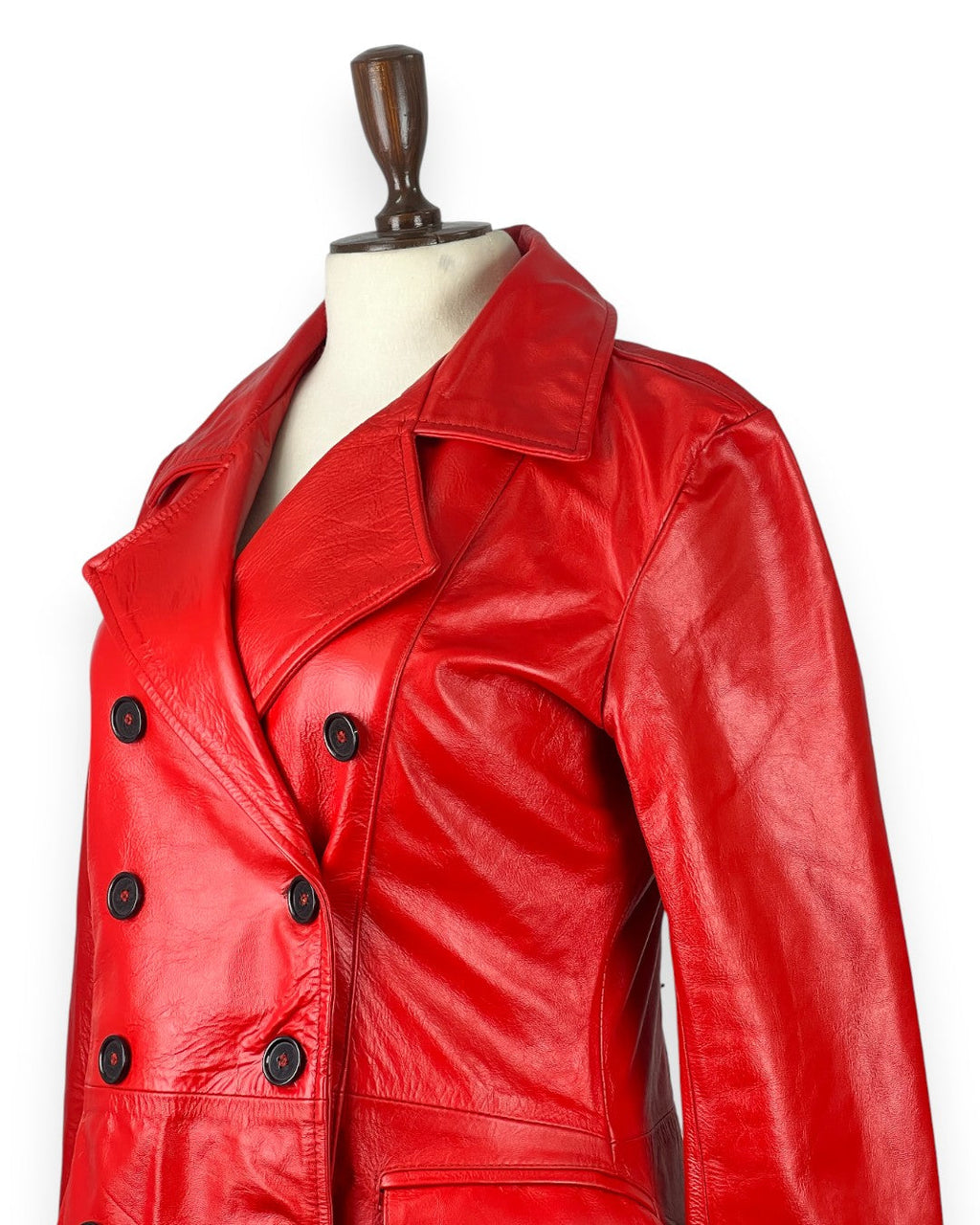 Women's Double-Breasted Red Leather Military Coat-2