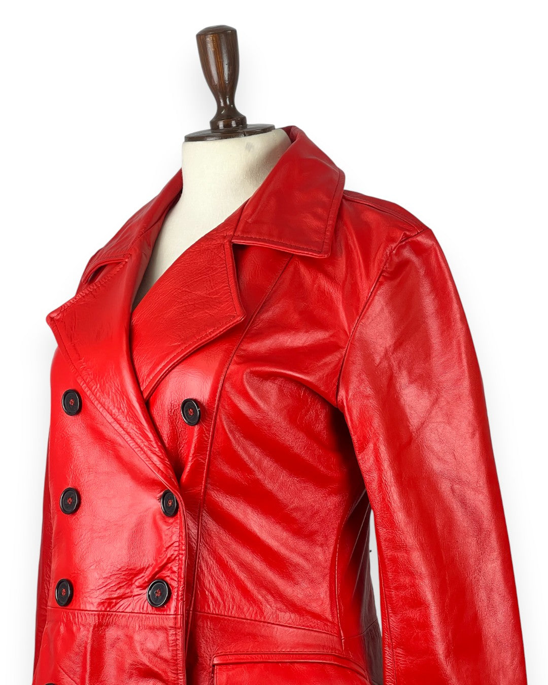 Women's Double-Breasted Red Leather Military Coat-2