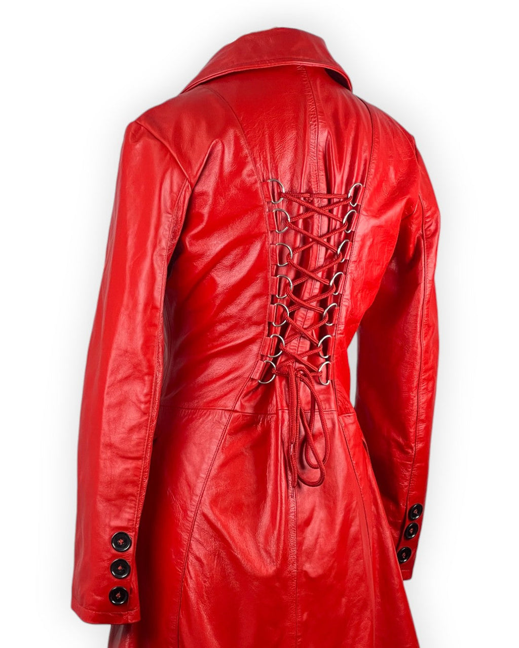 Women's Double-Breasted Red Leather Military Coat-4