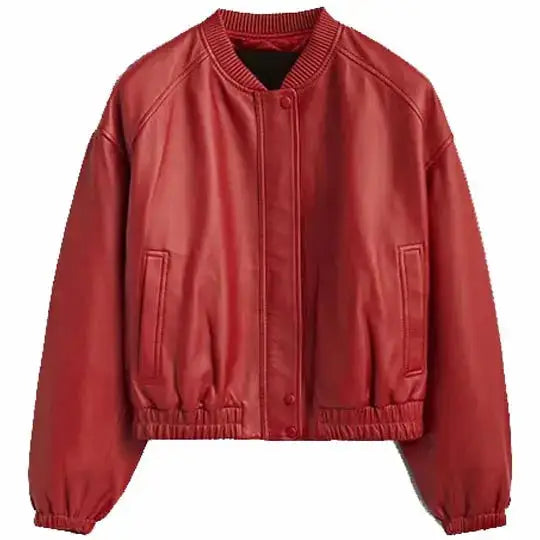 Women’s Red Leather Bomber Jacket-0