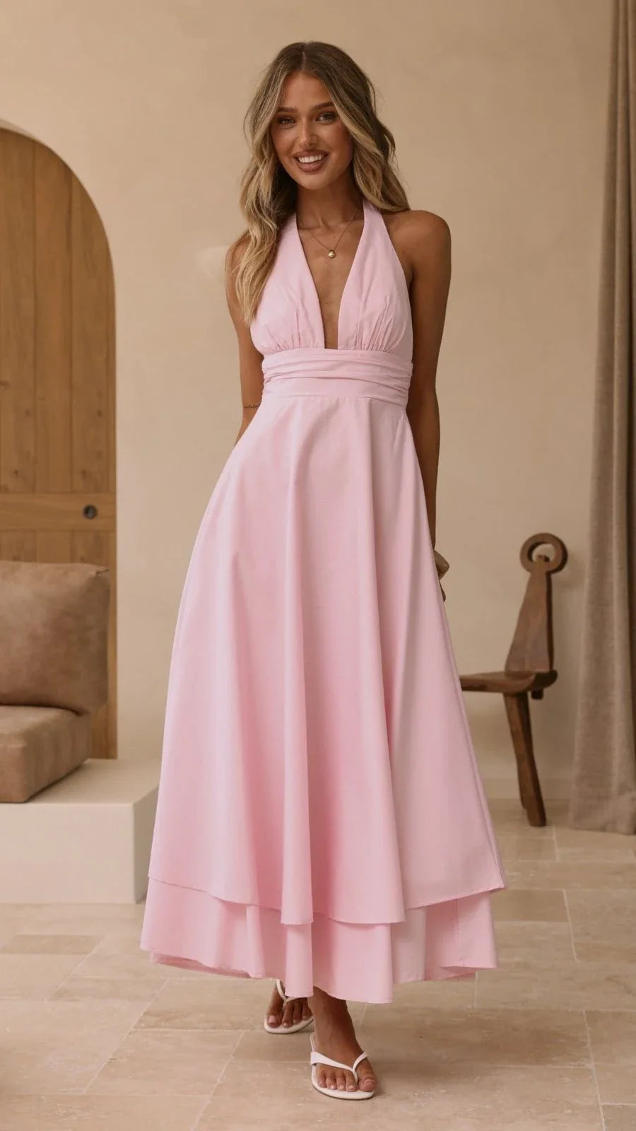 Pink Crepe Halter Midi Dress (syncee)-0