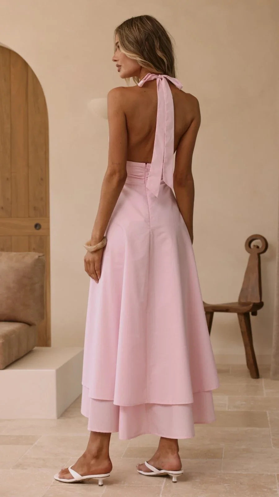 Pink Crepe Halter Midi Dress (syncee)-1