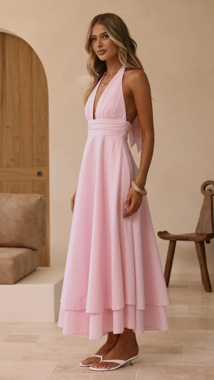 Pink Crepe Halter Midi Dress (syncee)-2
