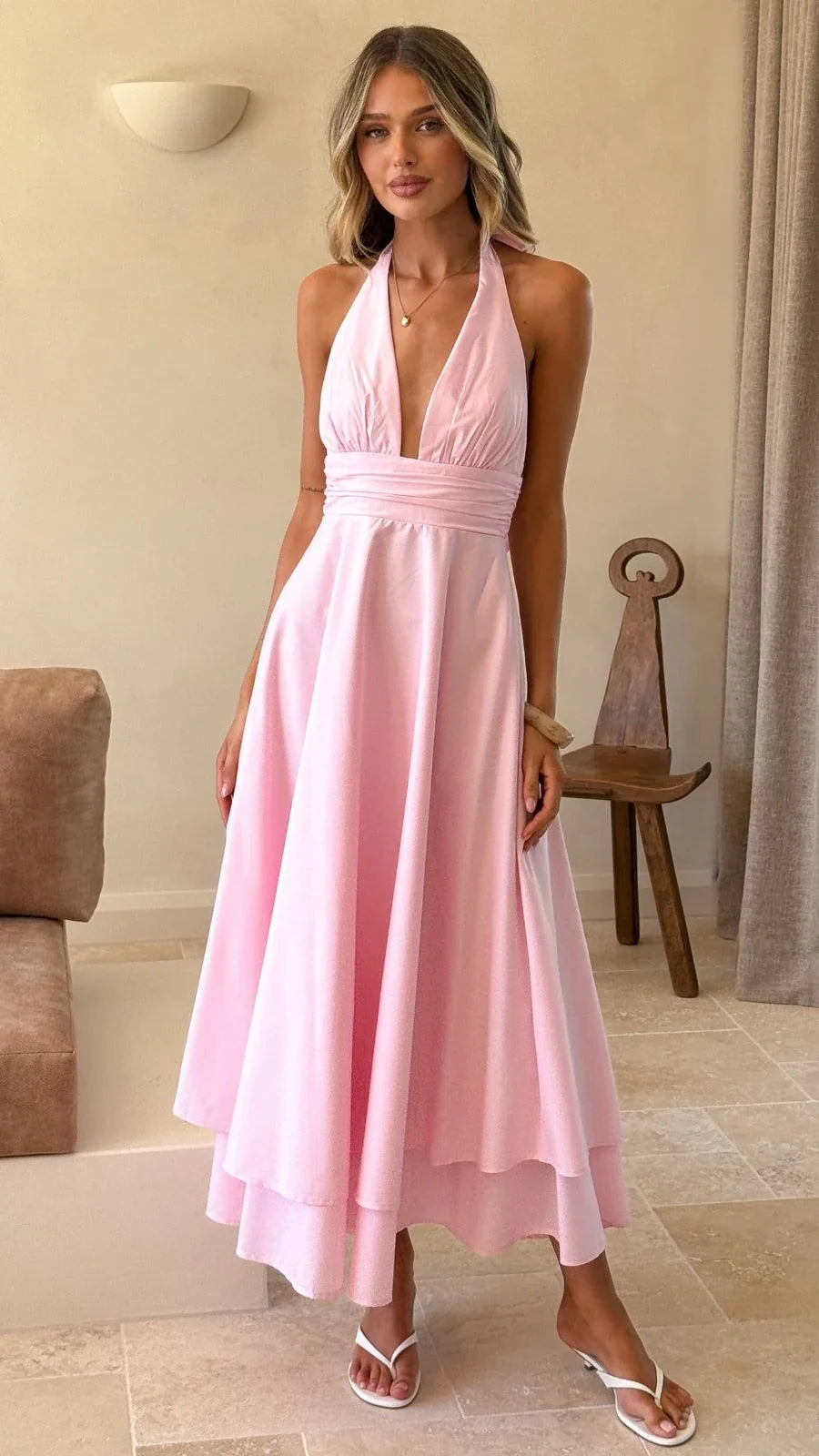 Pink Crepe Halter Midi Dress (syncee)-3