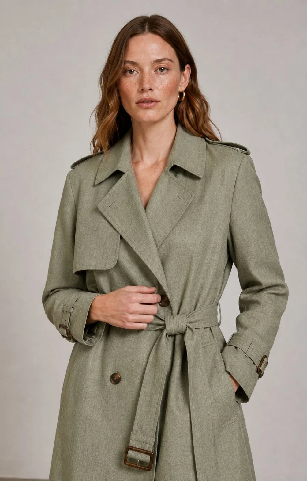Sagebrush Linen Double-Breasted Trench Coat (syncee)-4