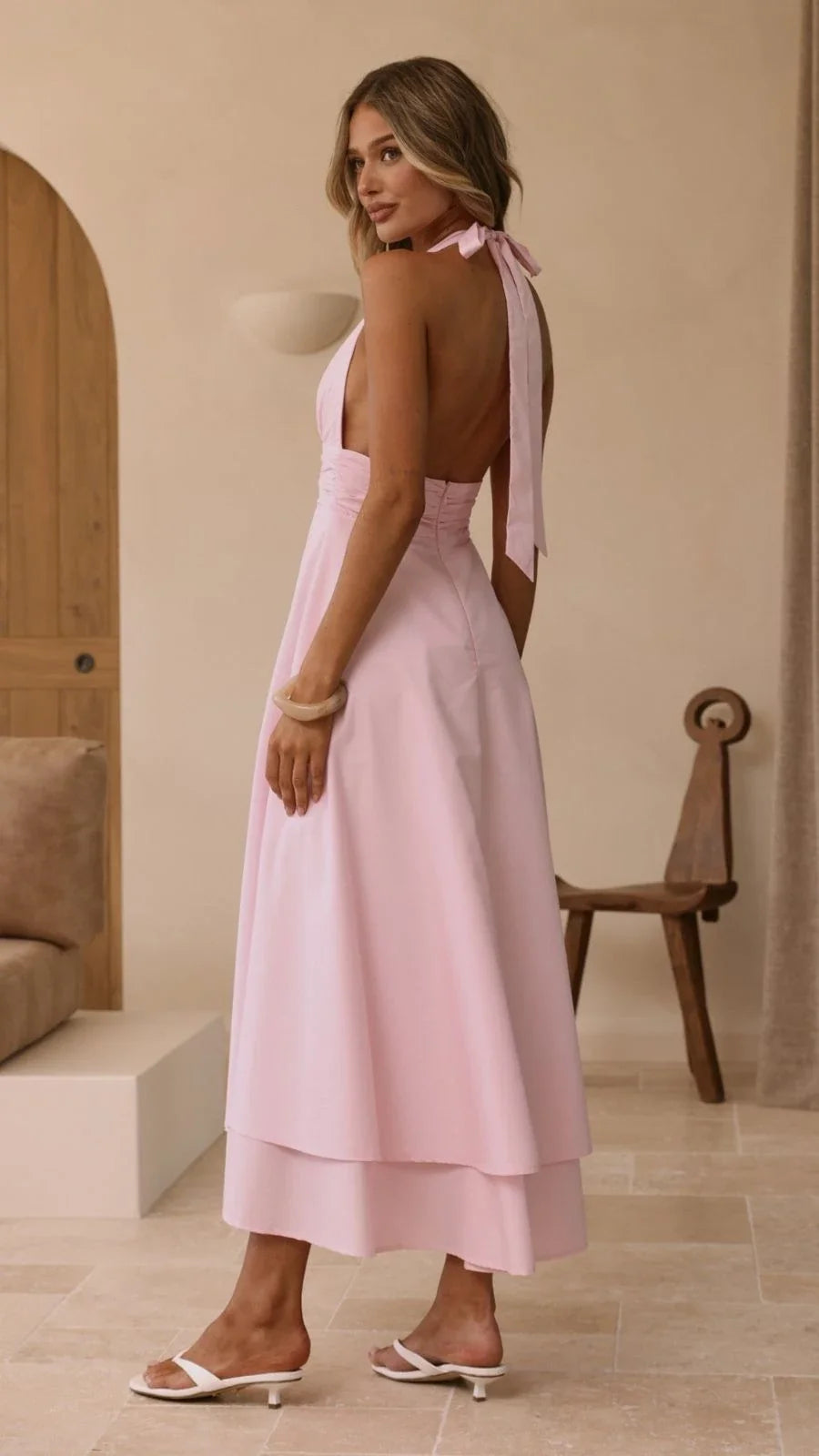 Pink Crepe Halter Midi Dress (syncee)-4