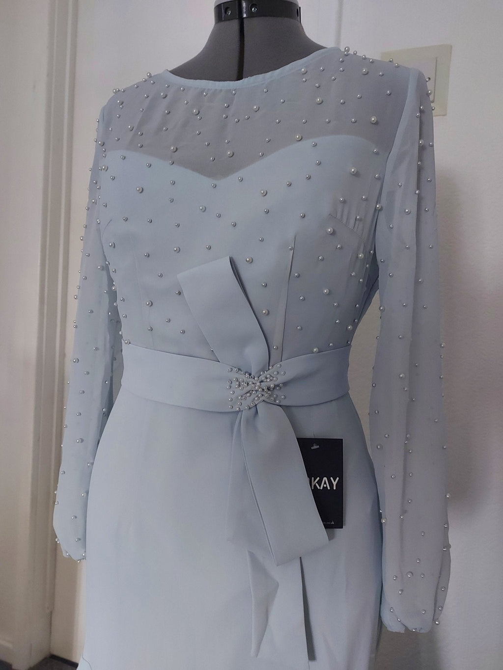 The mermaid ball sleeves pearls embellished mother of the bride dress - light grey-4