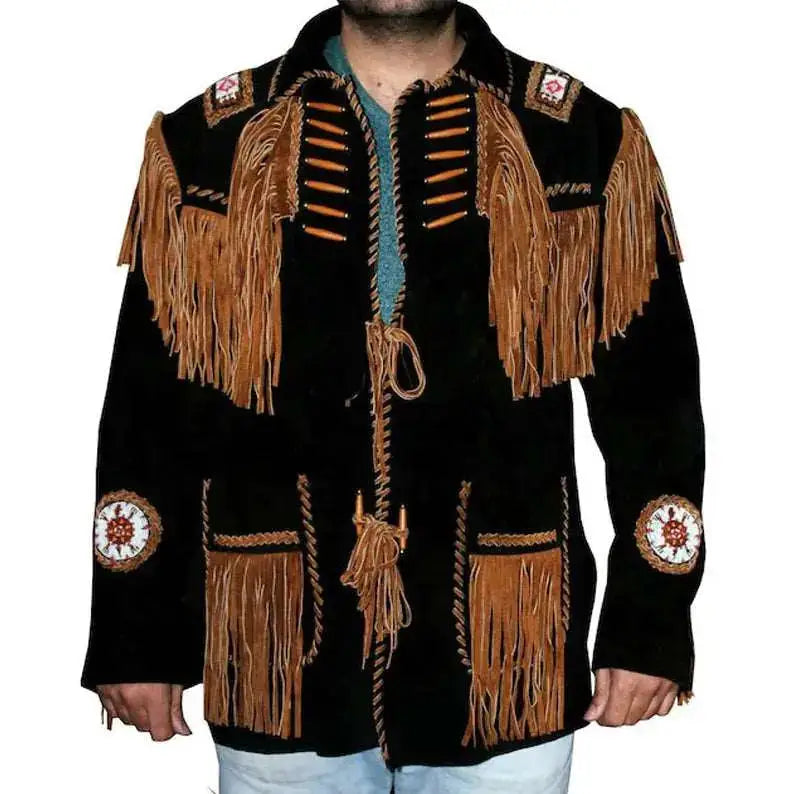 Men's Leather Jacket with Fringes & Beads-0