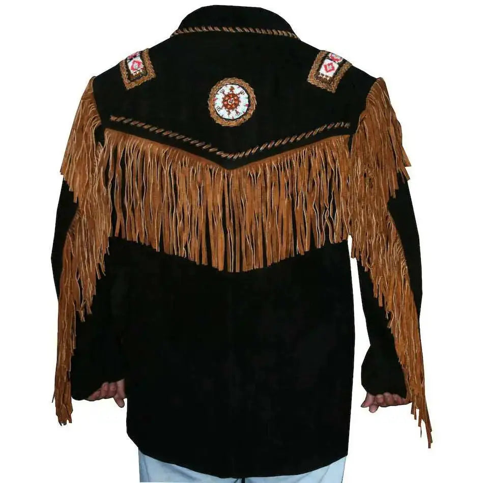 Men's Leather Jacket with Fringes & Beads-1