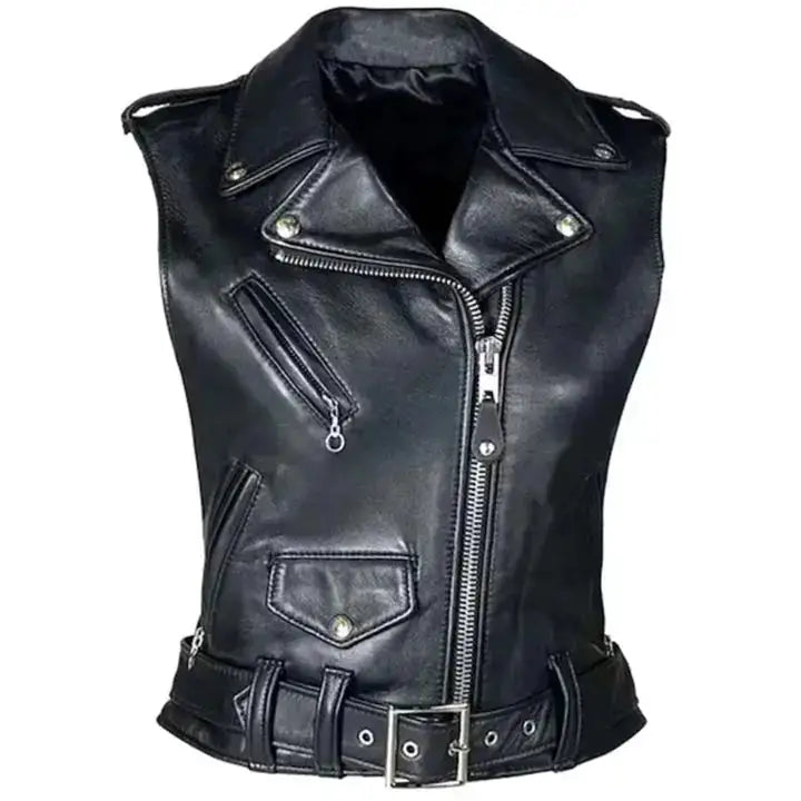 Womens Black Leather Biker Vest-0