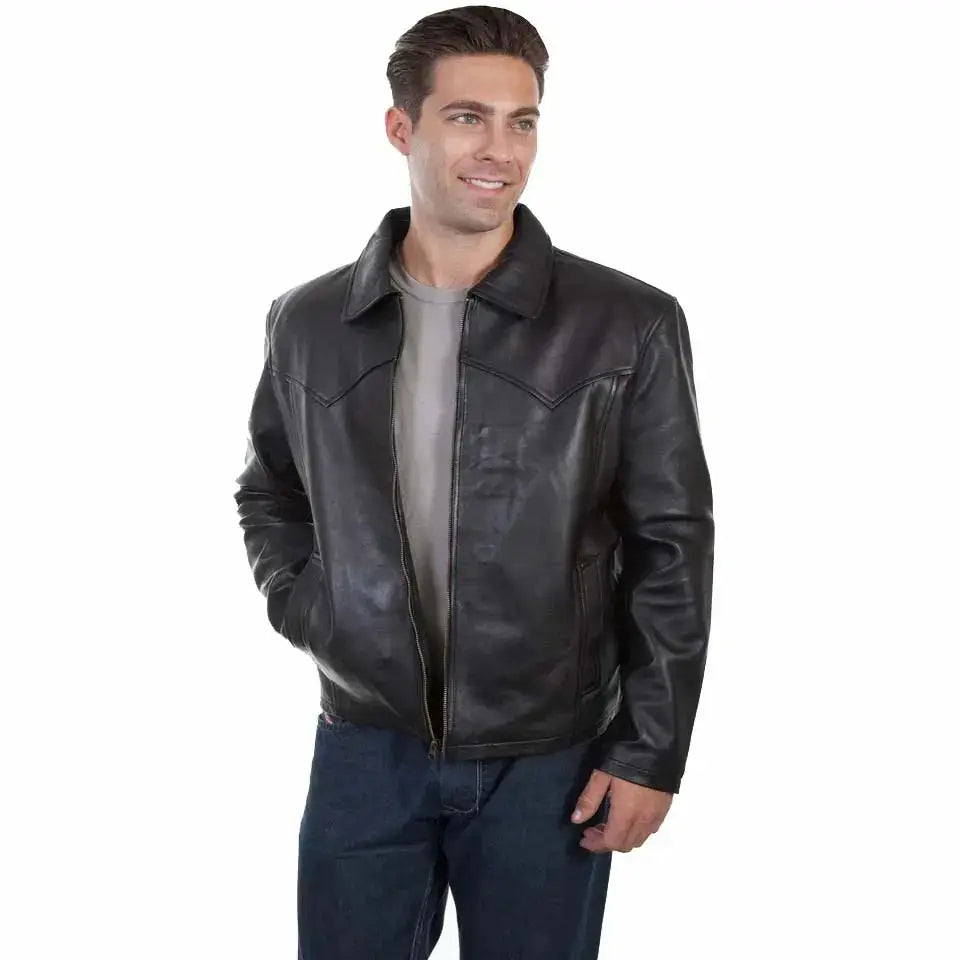 Men’s Black Leather Jacket with Turn-Down Collar-1