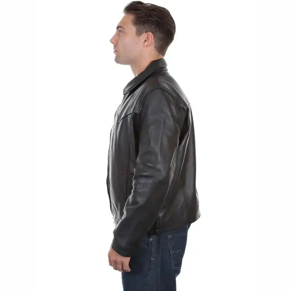 Men’s Black Leather Jacket with Turn-Down Collar-2