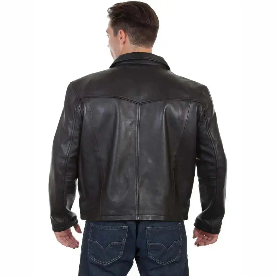 Men’s Black Leather Jacket with Turn-Down Collar-3