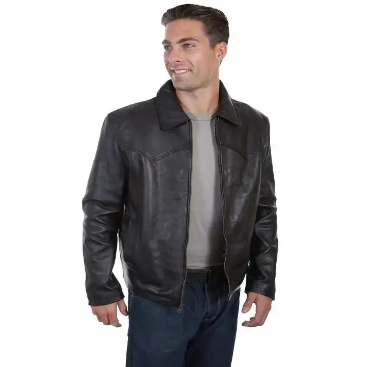 Men’s Black Leather Jacket with Turn-Down Collar-0