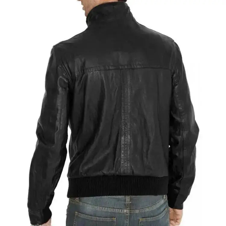 Men's Black Fitted Leather Bomber Jacket-1