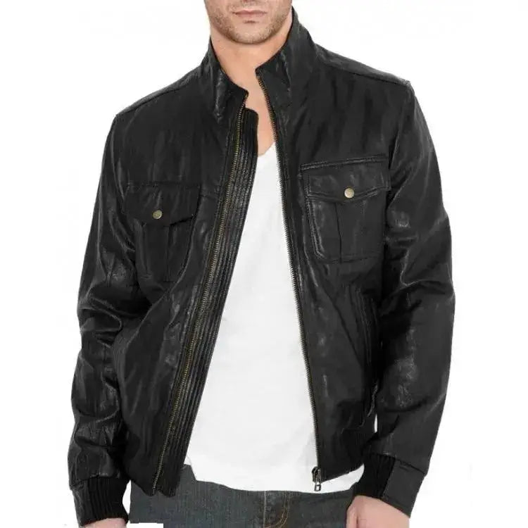 Men's Black Fitted Leather Bomber Jacket-0