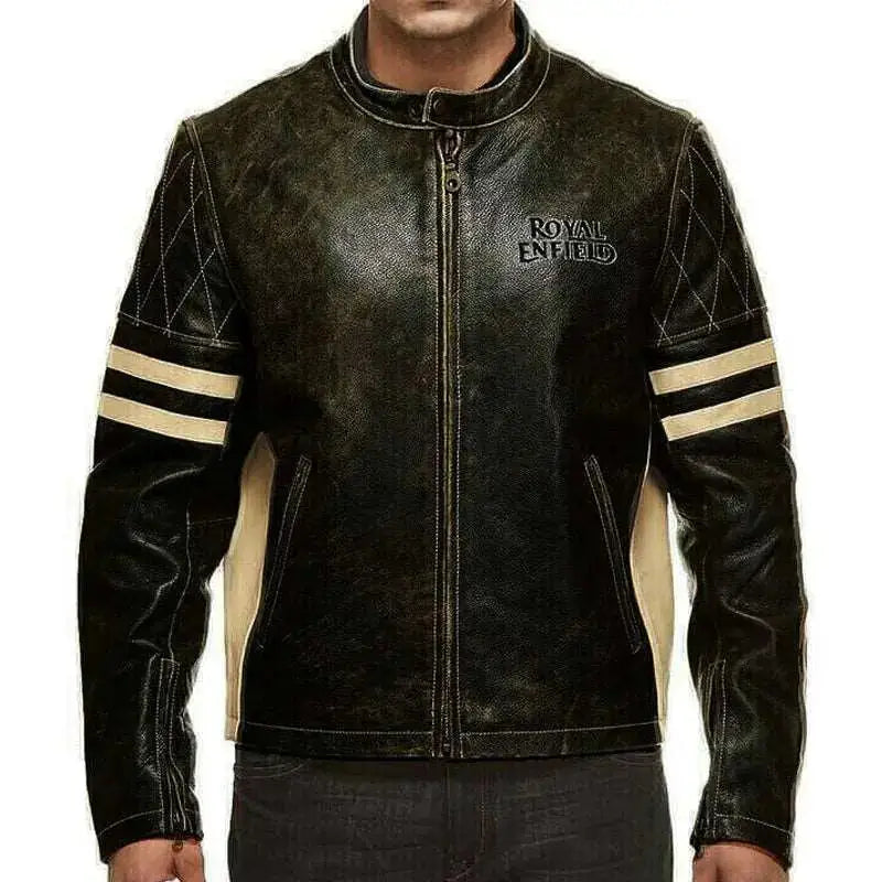 Men’s Black Royal Enfield Cafe Racer Motorcycle Jacket Leather-0