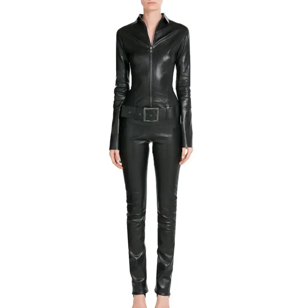 Women’s Belted Leather Jumpsuit-0