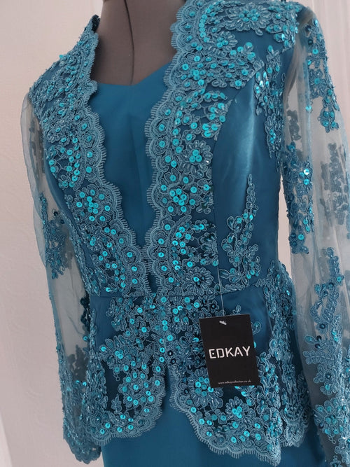 Blue Long Sleeve V-Neck Peplum Pencil Bride Dress-1