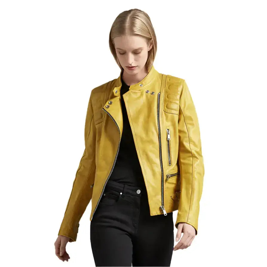 Women’s Bright Yellow Leather Biker Jacket-1