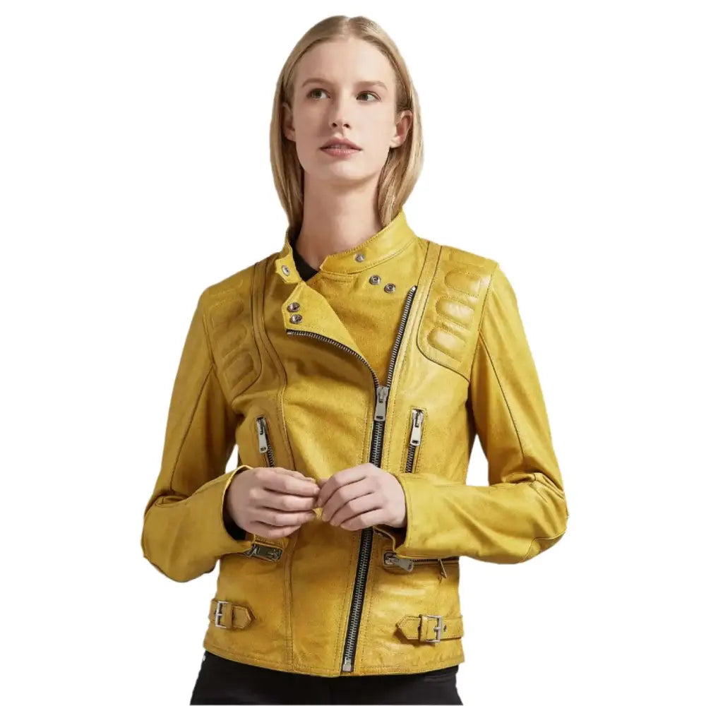 Women’s Bright Yellow Leather Biker Jacket-0
