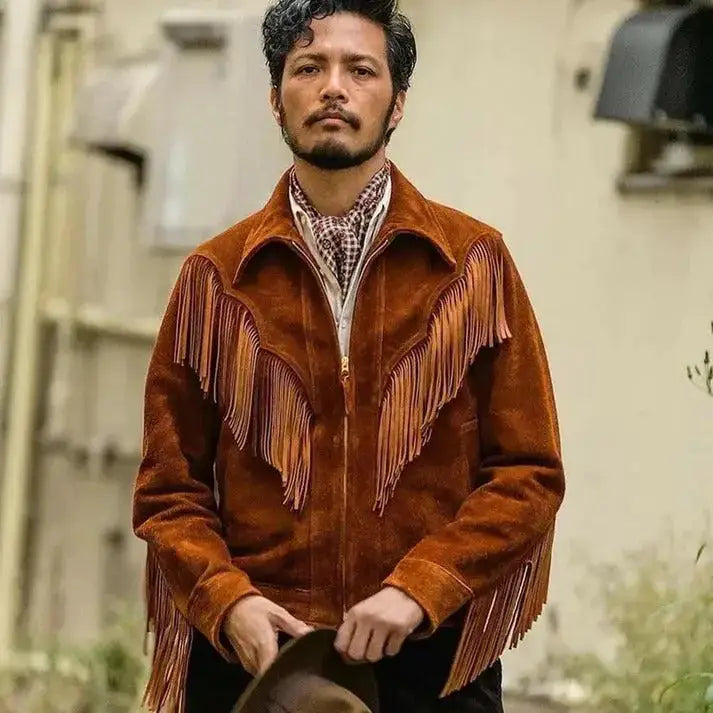 Men’s Brown Suede Leather Western Cowboy Fringe Jacket-1