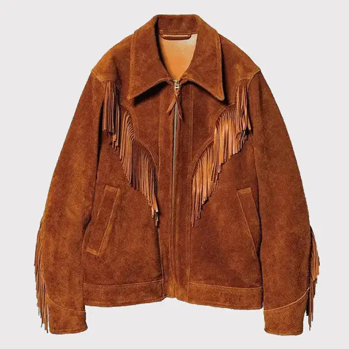 Men’s Brown Suede Leather Western Cowboy Fringe Jacket-0