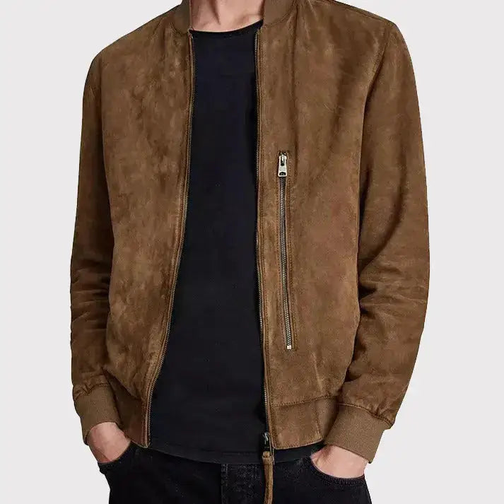 Men’s Brown Suede Leather Bomber Jacket-1
