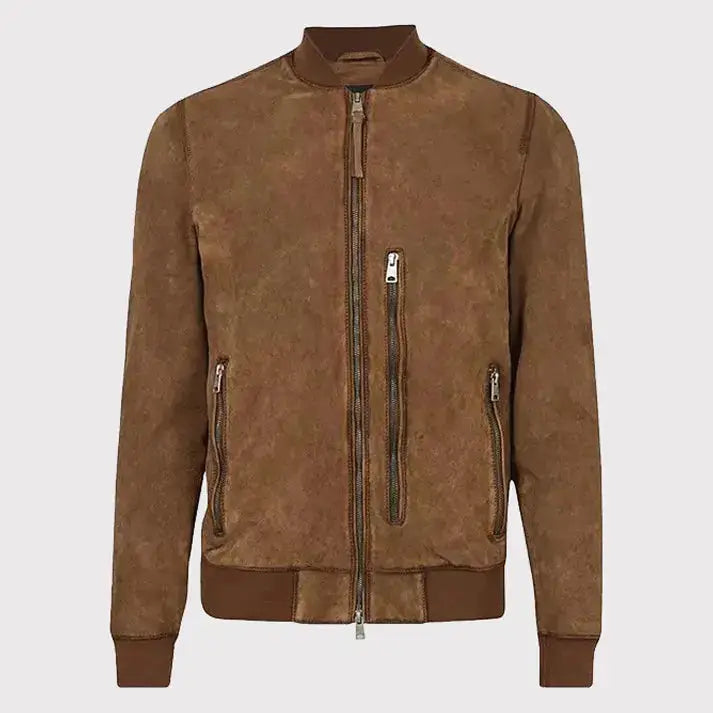 Men’s Brown Suede Leather Bomber Jacket-0