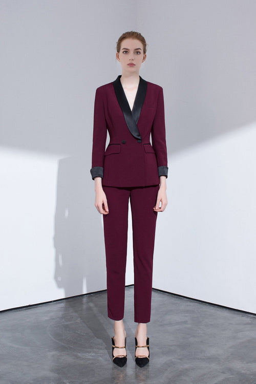 Burgundy Tailored Suit With Contrasting Satin Lapel-1
