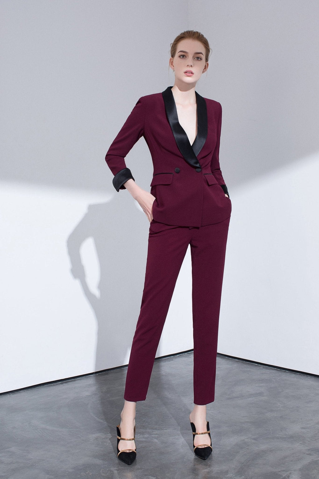 Burgundy Tailored Suit With Contrasting Satin Lapel-2
