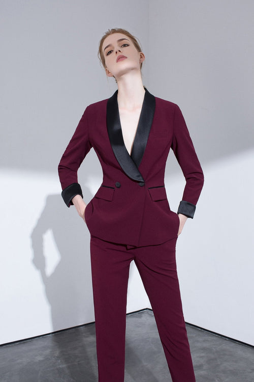 Burgundy Tailored Suit With Contrasting Satin Lapel-0