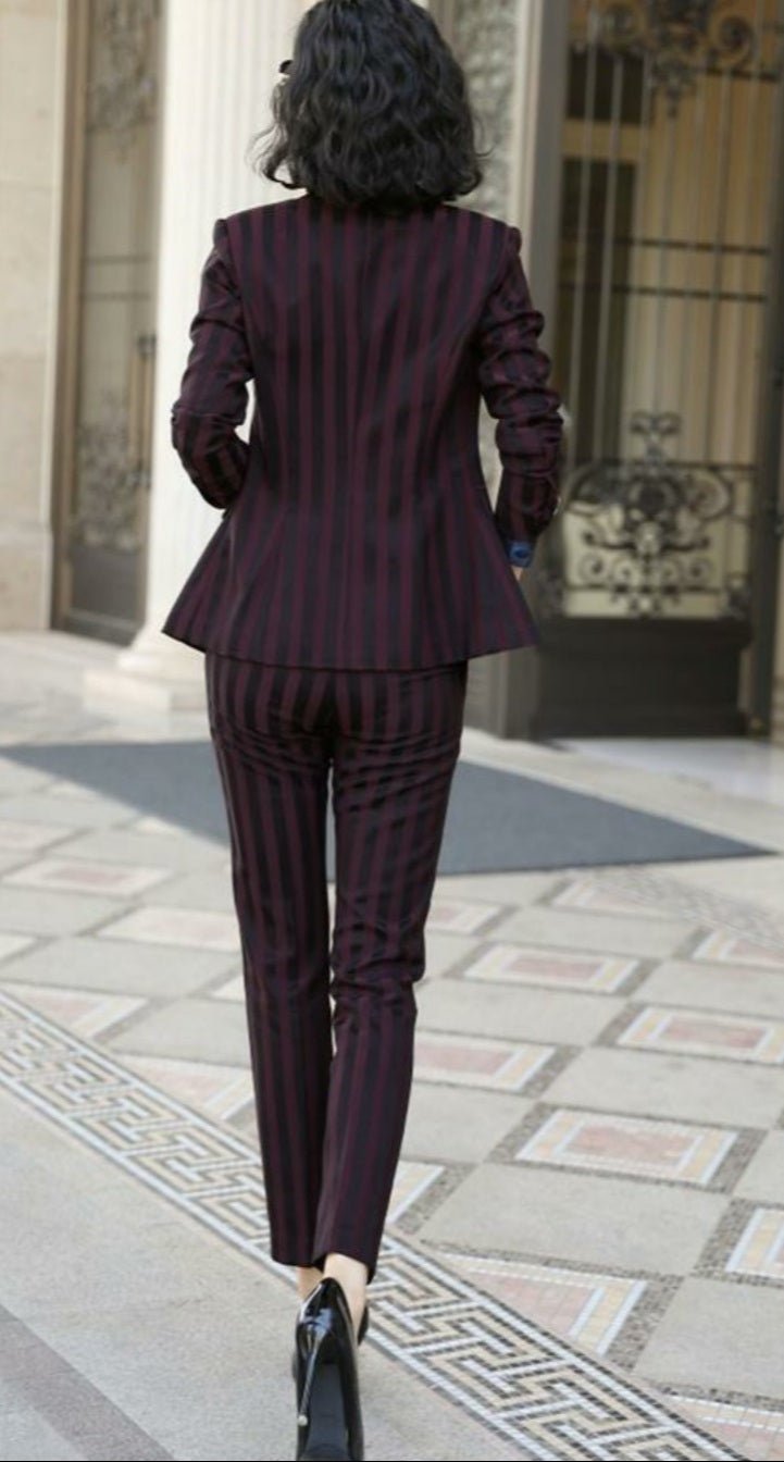 Burgundy stripped 2-piece pants suit (UK size 10)-4