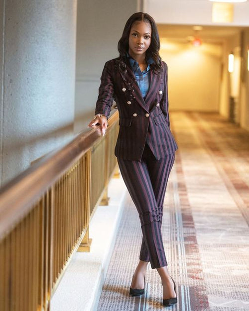 Burgundy stripped 2-piece pants suit (UK size 10)-1