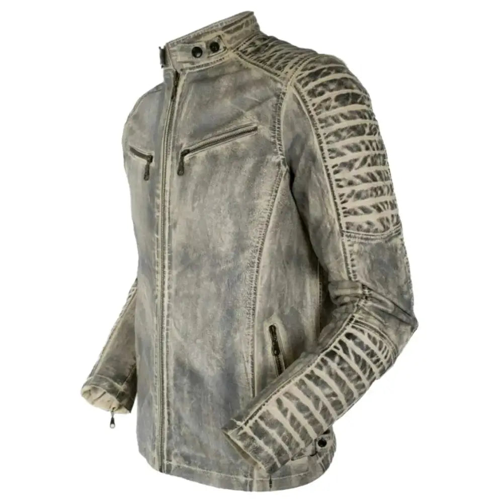 Men’s White Distressed Leather Cafe Racer Jacket-0