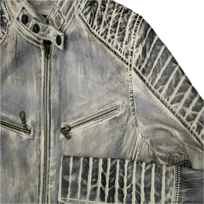 Men’s White Distressed Leather Cafe Racer Jacket-2
