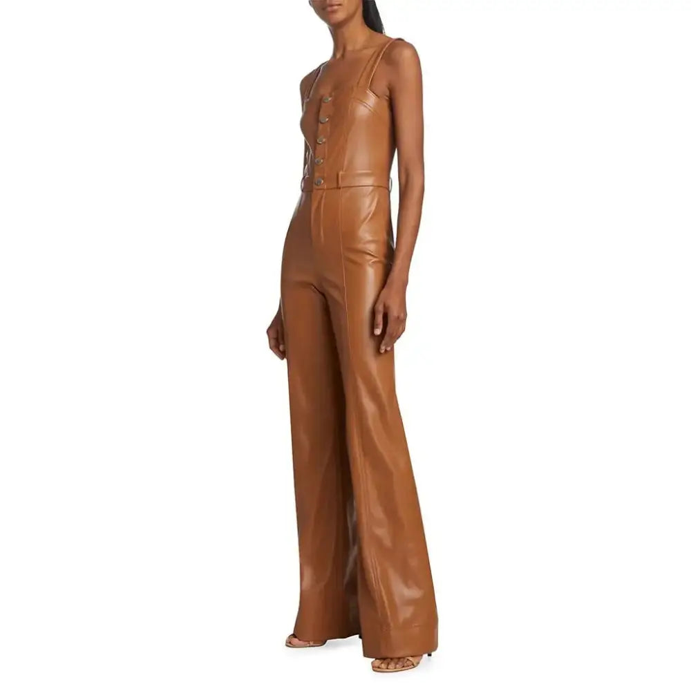 Women’s Camel Brown Buttoned Front Vegan Leather Jumpsuit-2