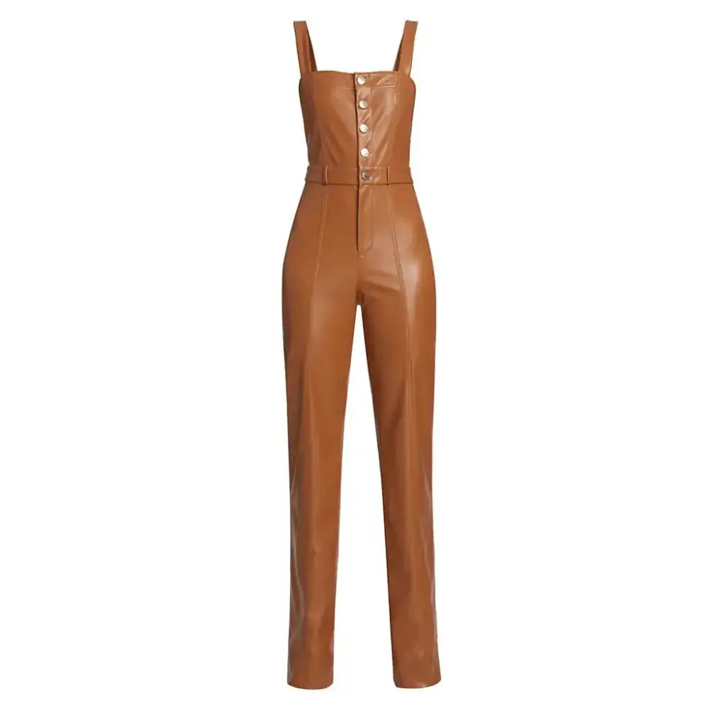 Women’s Camel Brown Buttoned Front Vegan Leather Jumpsuit-0
